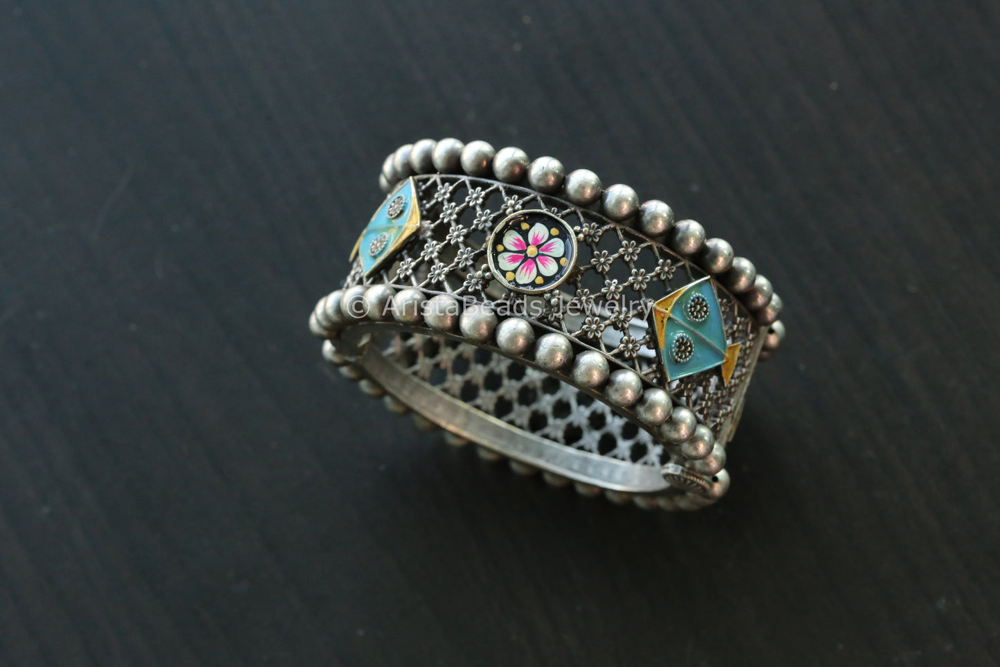 Enamel Oxidized Silver Look Bangle - Blue