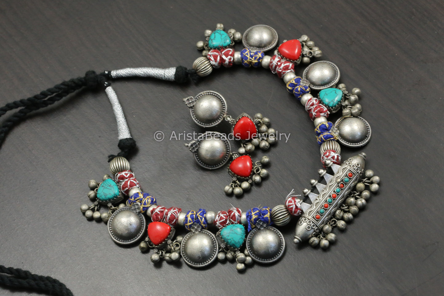 Amrapali Silver Look Alike Tabeez Necklace Set -Coral Turquoise