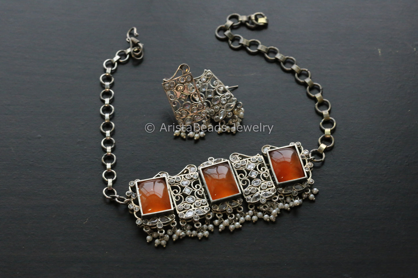 Orange Quartz Oxidized Choker Set