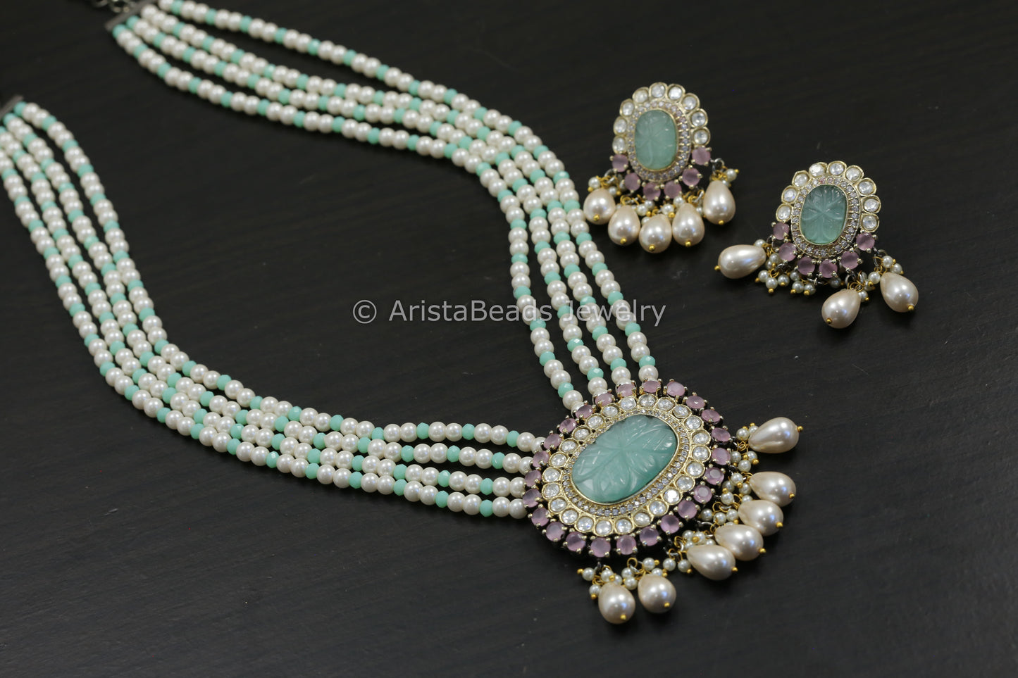Carved Mint Stone, Micro CZ & Kundan Necklace In Peal Mala