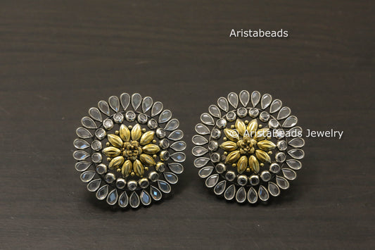 Large 925 Sterling Silver Dual Tone Polki Studs