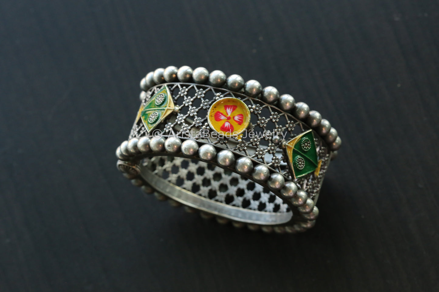Enamel Oxidized Silver Look Bangle - Green Yellow