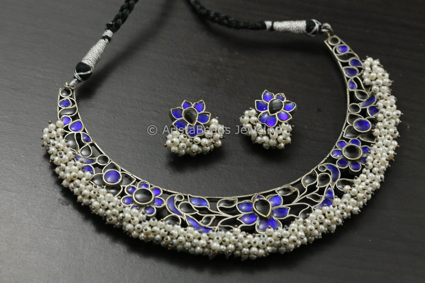 Silver Finish Jadau Hasli Necklace Set - Blue