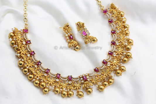 Gram Gold Kemp & CZ Polki Jhumki Necklace Set