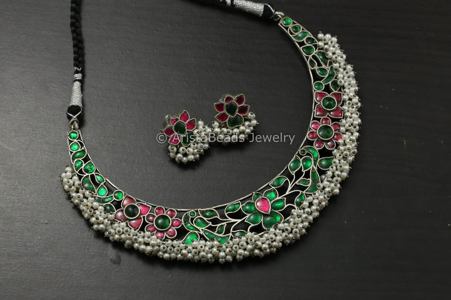 Silver Finish Jadau Hasli Necklace Set - Ruby Green