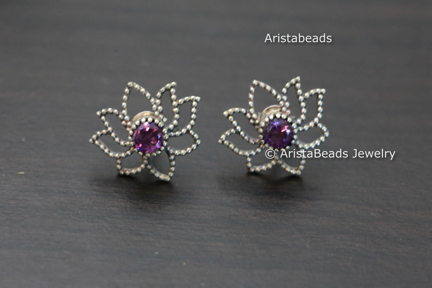 Dainty Sterling Silver Amethyst Lotus Earrings