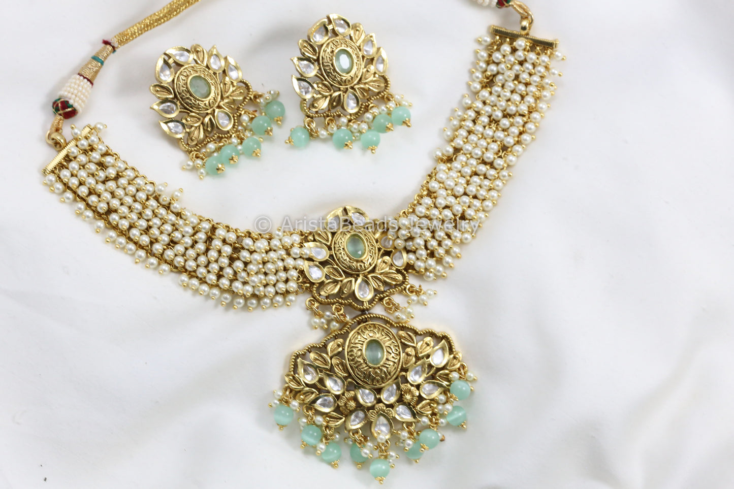 Kundan & Pearl Guttapusalu Necklace Set - Mint