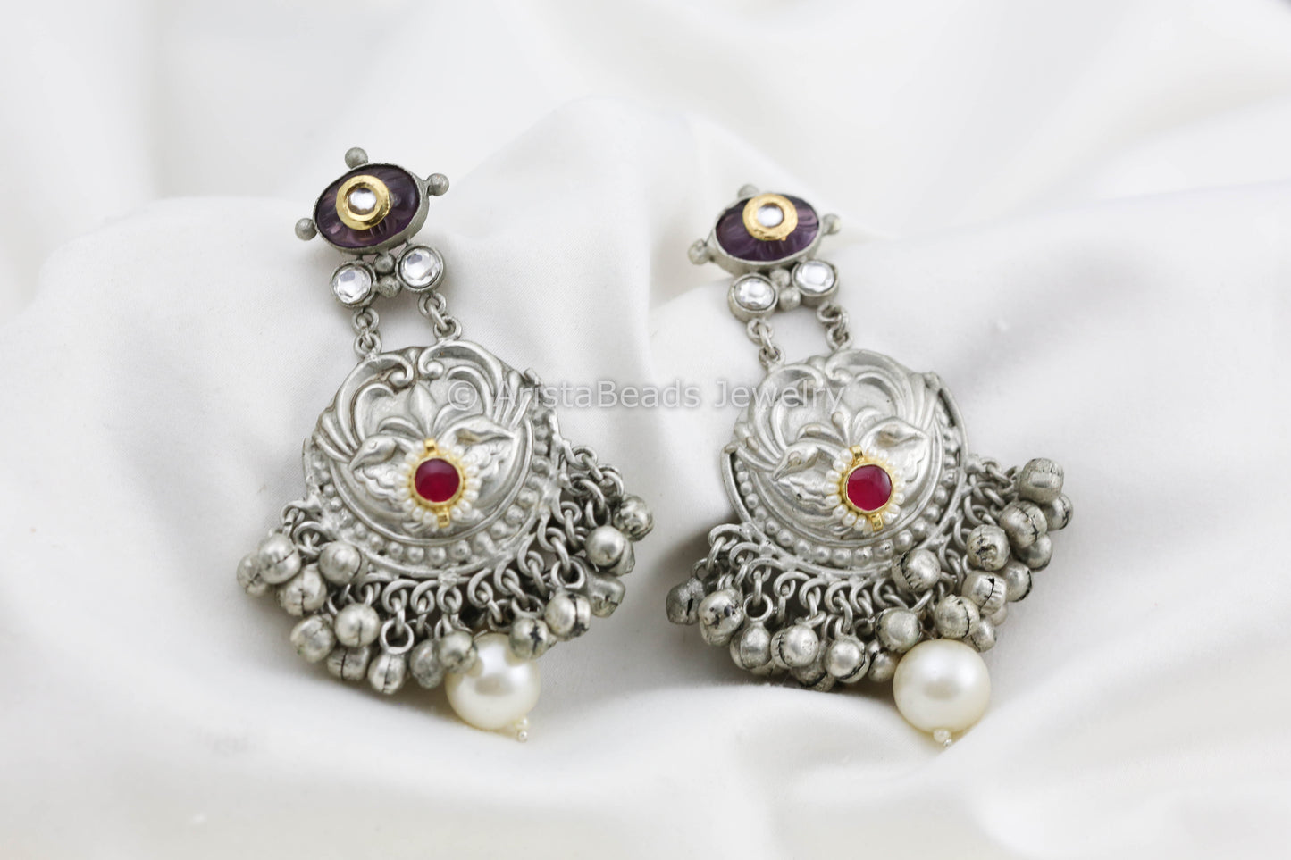 Silver Polish Ruby Kundan Earrings