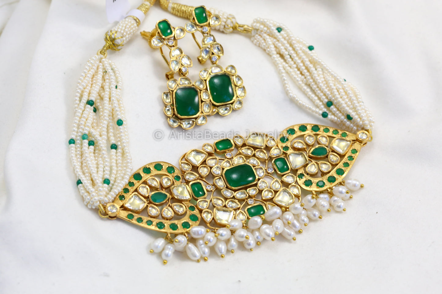 Green Pota, Real Pearls, Kundan & Jadau Work Choker Set