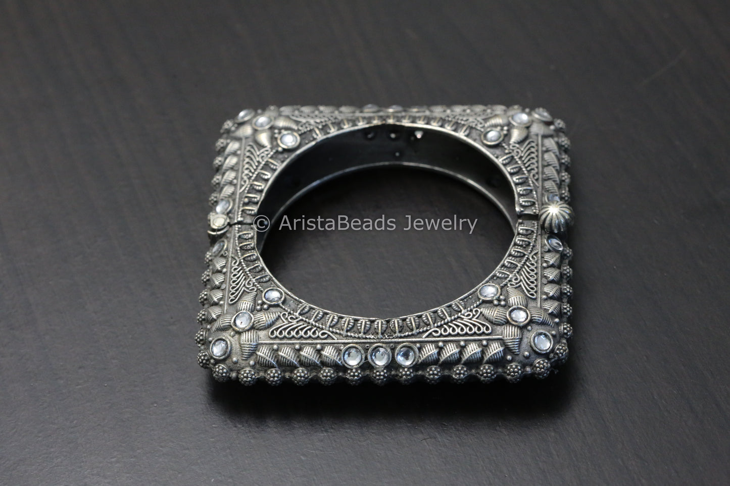 Silver Look Oxidized Square Bangle (Openable) - Clear