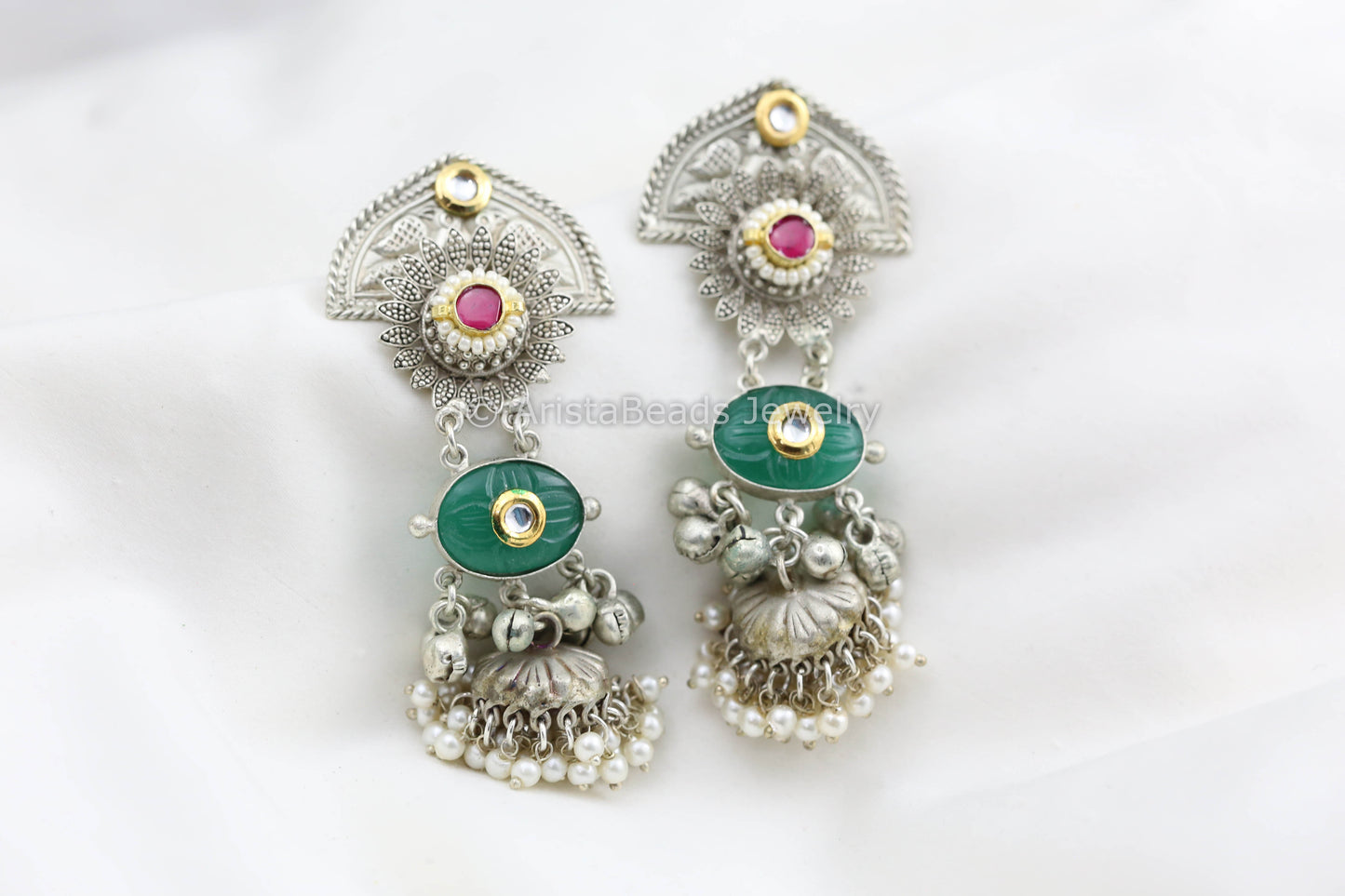 925 Silver Polish Kundan Jhumka - Green Carved Stone