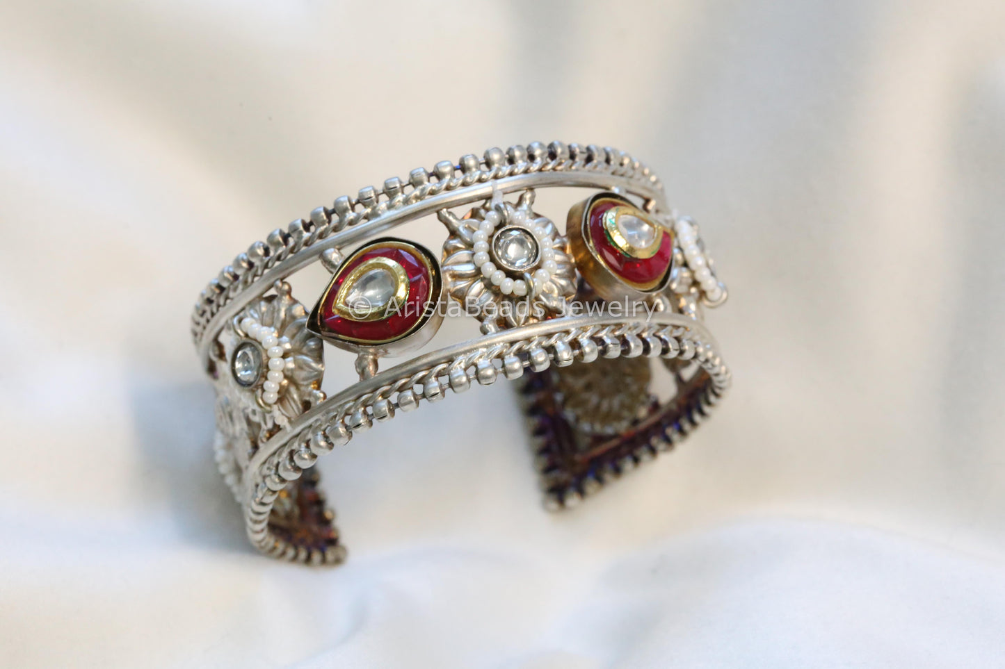 Handmade 925 Silver Plated Kundan Bracelet