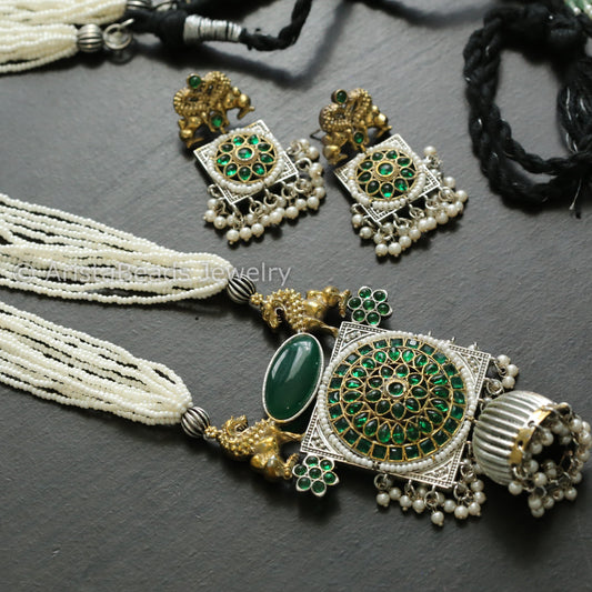 Handmade Dual Tone Jhumka Necklace Set - Green