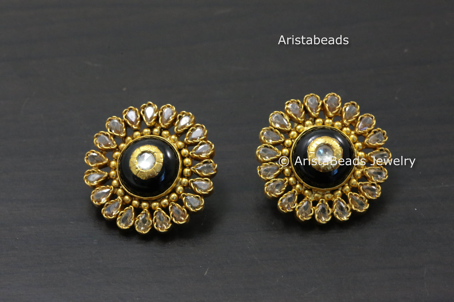 925 Sterling Silver Gold Polki & Black Onyx Studs