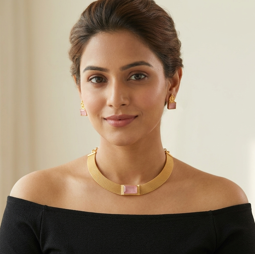 Dainty Pink Doublet Choker Set - Pink
