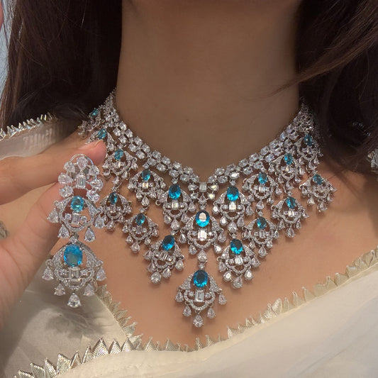 Premium Solitaire CZ & Blue Stones Necklace Set