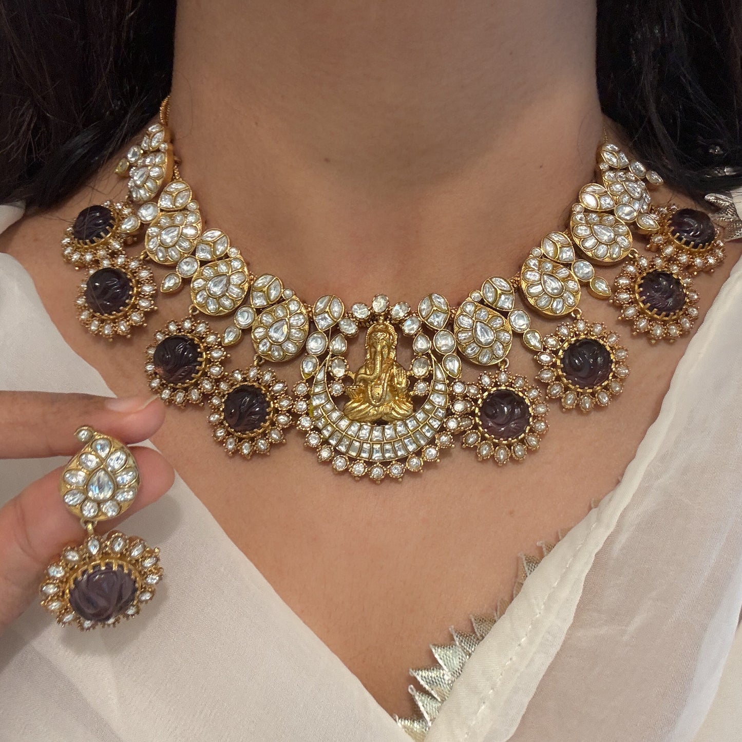 Jadau Kundan & Carved Amethyst Mango Haram Set
