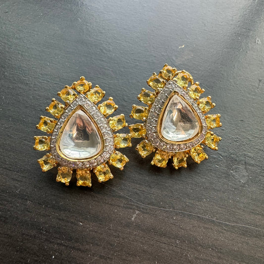 Yellow CZ & Kundan Polki Studs