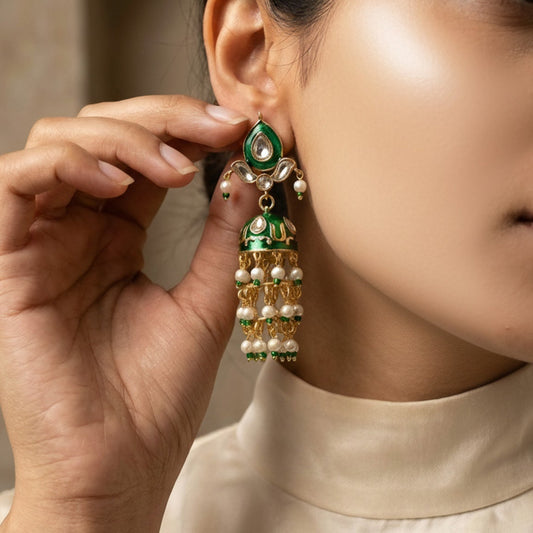Jadau Kundan Meenakari Jhumka - Green