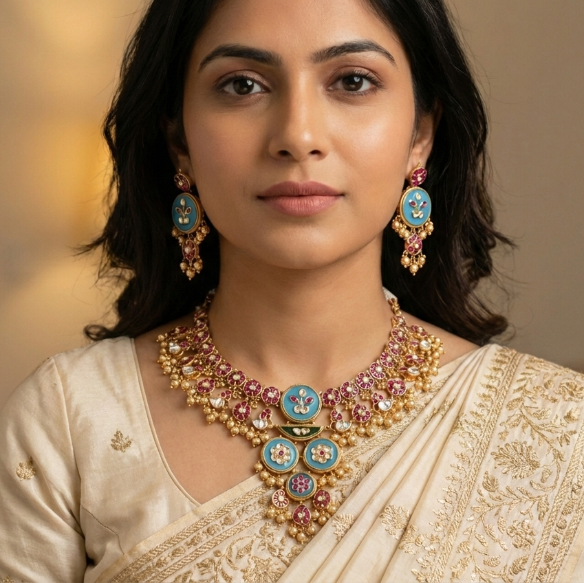 Rajwadi Kundan Polki Enamel Necklace Set