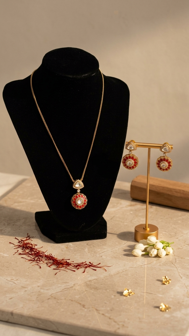 Coral Takkar Jadau & Polki Pendant Set