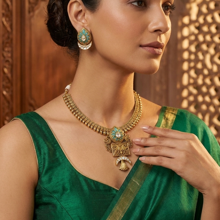 Sona Antique Gold Kundan Necklace Set - Aqua