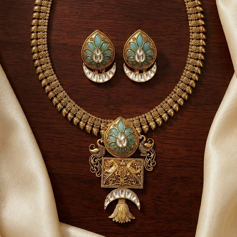 Sona Antique Gold Kundan Necklace Set - Aqua