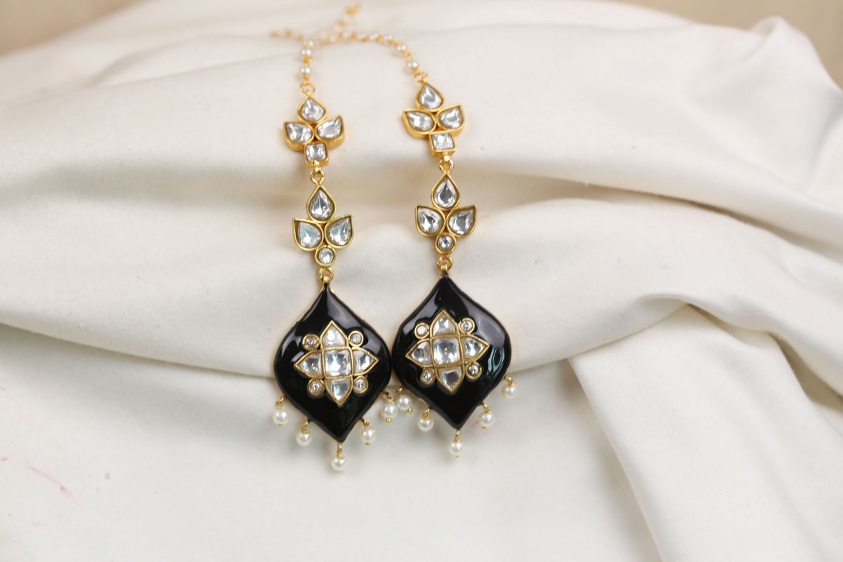 Deepa Enamel Jadau Kundan Earrings - Black