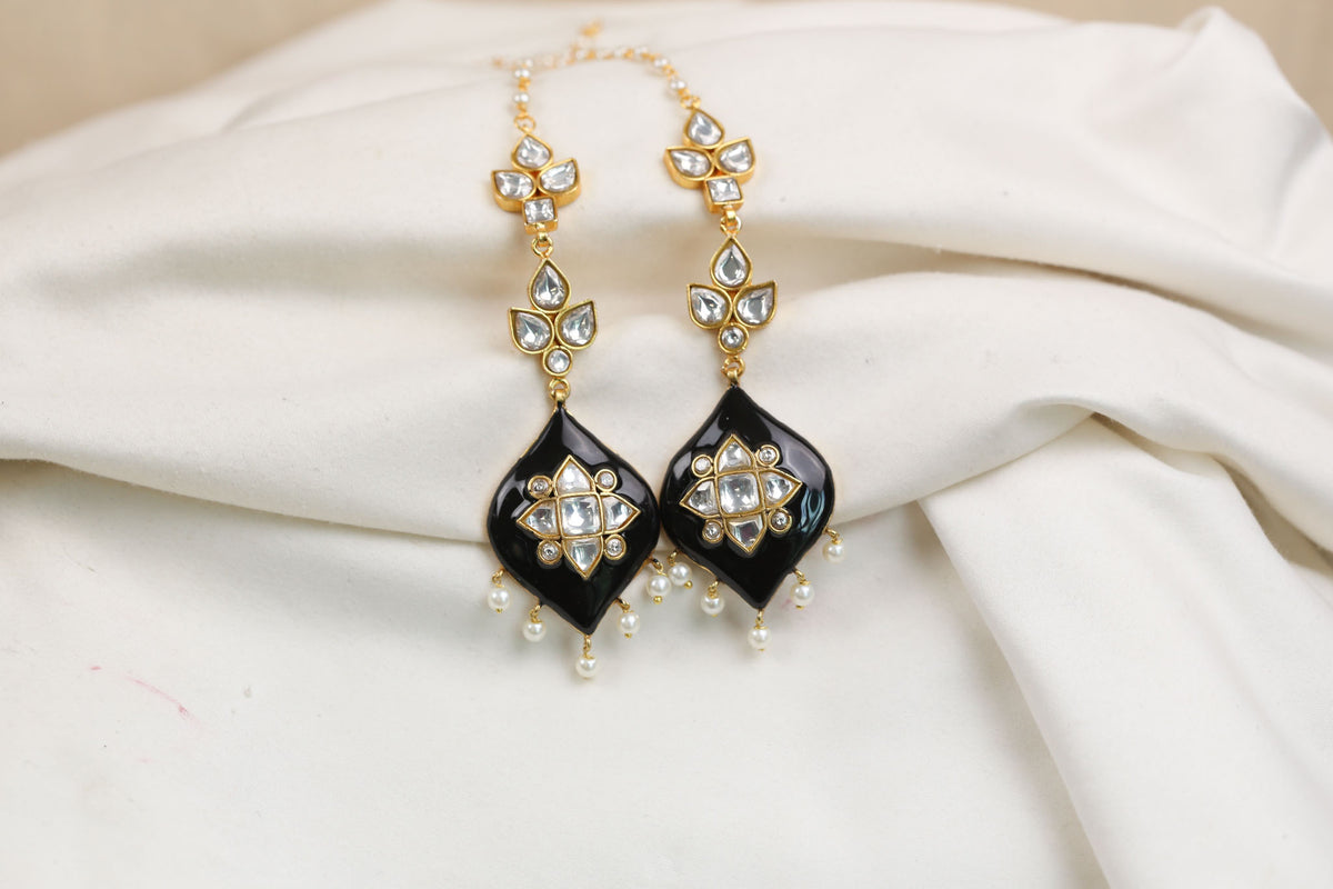 Deepa Enamel Jadau Kundan Earrings - Black
