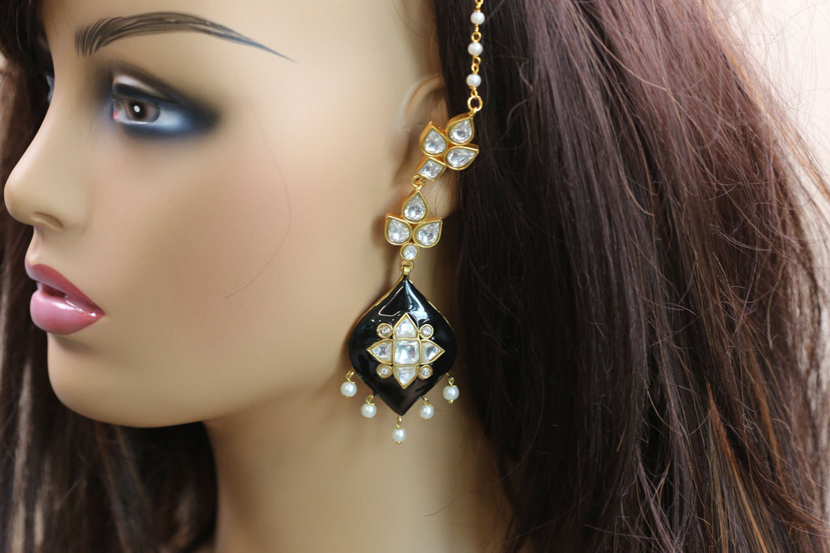 Deepa Enamel Jadau Kundan Earrings - Black