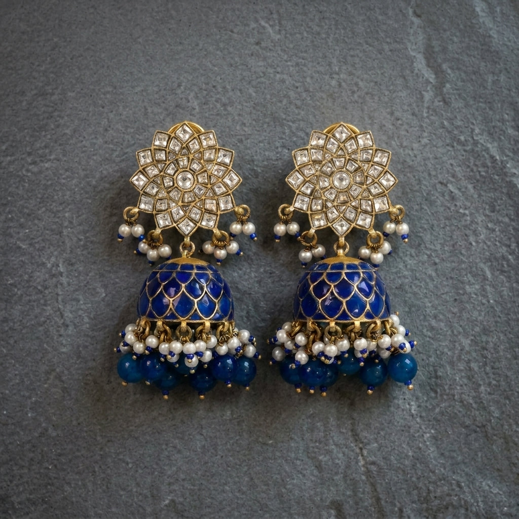 Veera Vintage Gold Takkar Kundan Jhumka - Blue