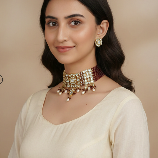 Nayra Vintage Jadau Kundan Necklace Set (Red Onyx)