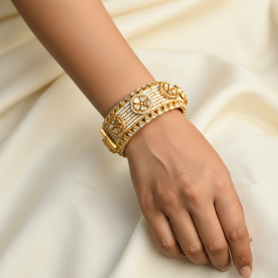 Handmade Raag Pearl & Real Moissanite Bangle Bracelet (2.2)