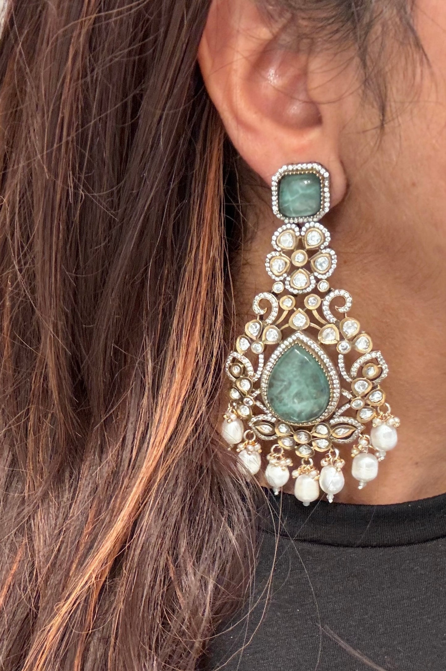 Large Mint Pota Doublet & Kundan Earrings (101-20)