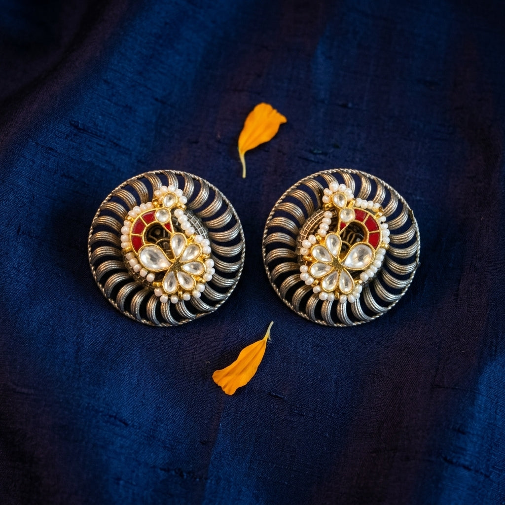 Fusion Kundan Peacock Studs - Coral