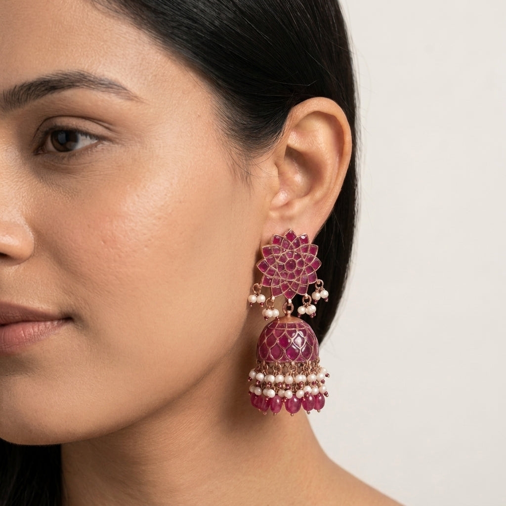 Veera Vintage Gold Takkar Kundan Jhumka - Ruby (Rose Gold)