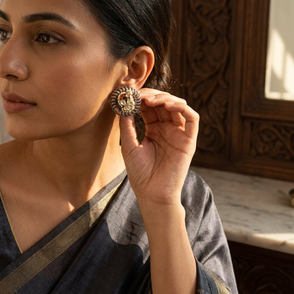 Fusion Kundan Peacock Studs - Coral