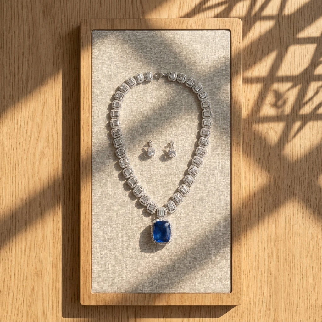 Blue Doublet Micro CZ Tiara Necklace Set