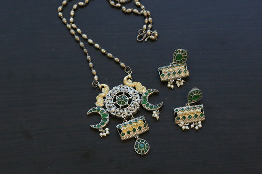 Dual Tone Chand Necklace Set - Green