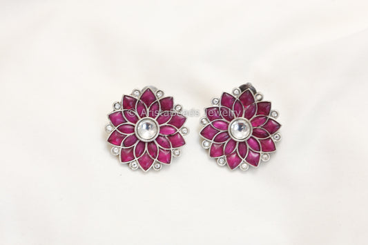Jadau Kundan Silver Finish Studs - Ruby