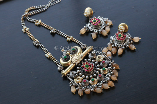 Silver Look Kemp Kundan Fusion Necklace Set - Peach