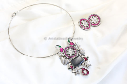 Silver Finish Jadau Look Hasli Set - Gray