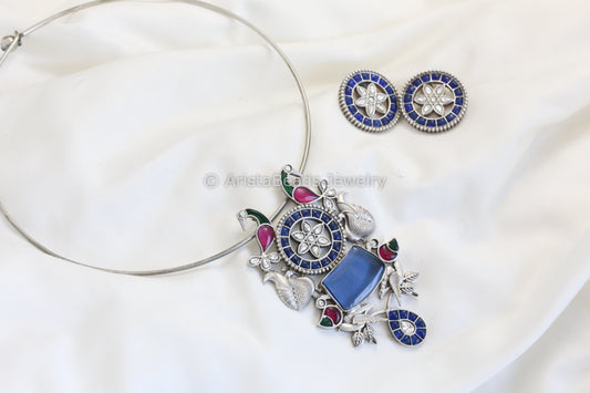Silver Finish Jadau Look Hasli Set - Blue