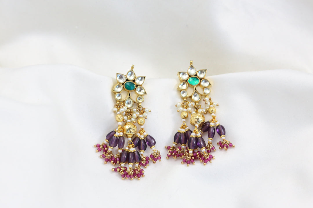 Pachi Kundan Earrings - Rhodolite Drops