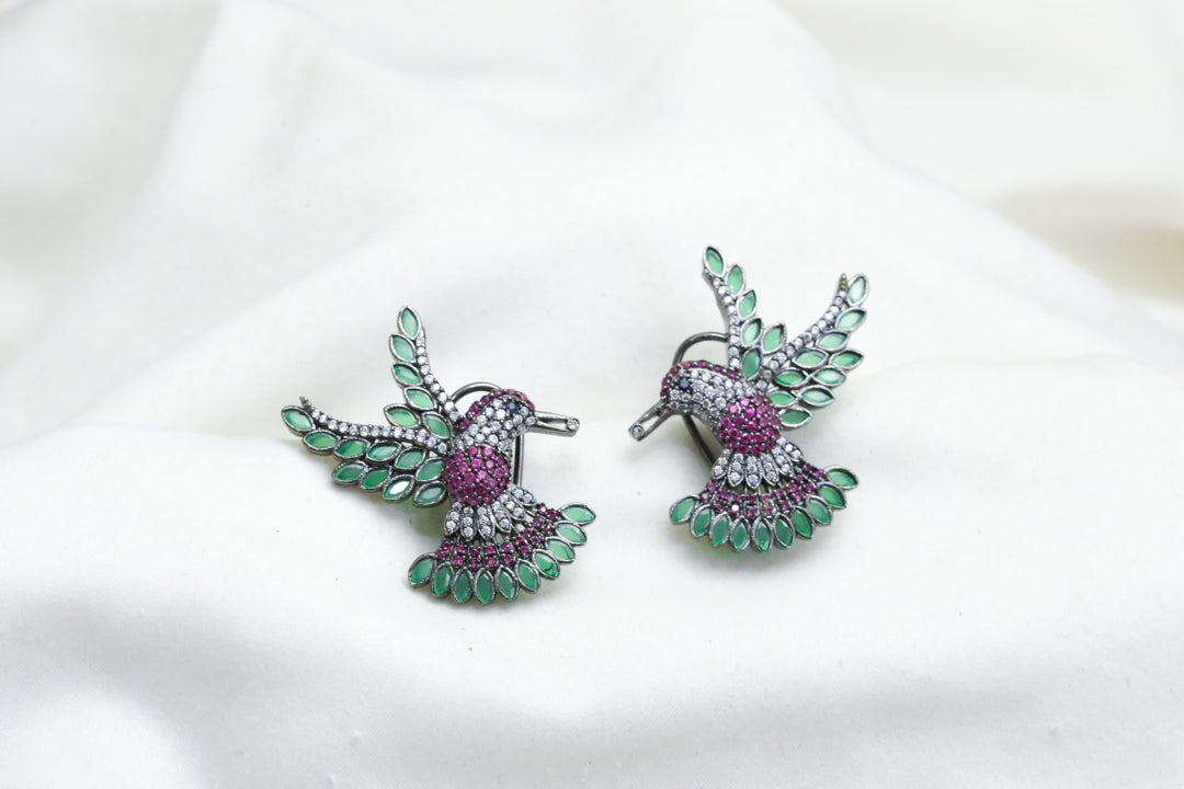 Pave Setting CZ Bird Earrings - Green Ruby