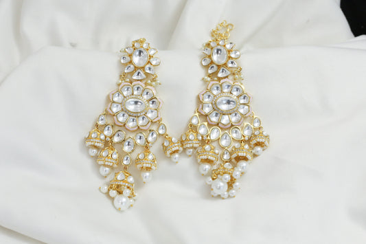 Kundan Polki Ear Chain Jhumka -  Pink