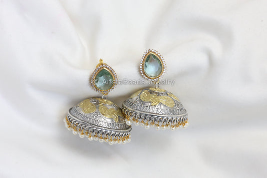 CZ Stud Dual Tone Jhumka - Light green