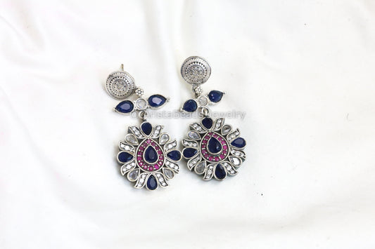 CZ Polki Silver Look Earrings - Blue