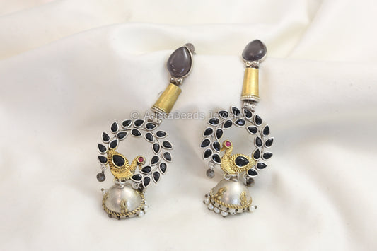 Long Dual Tone Kemp Stone Jhumka - Black