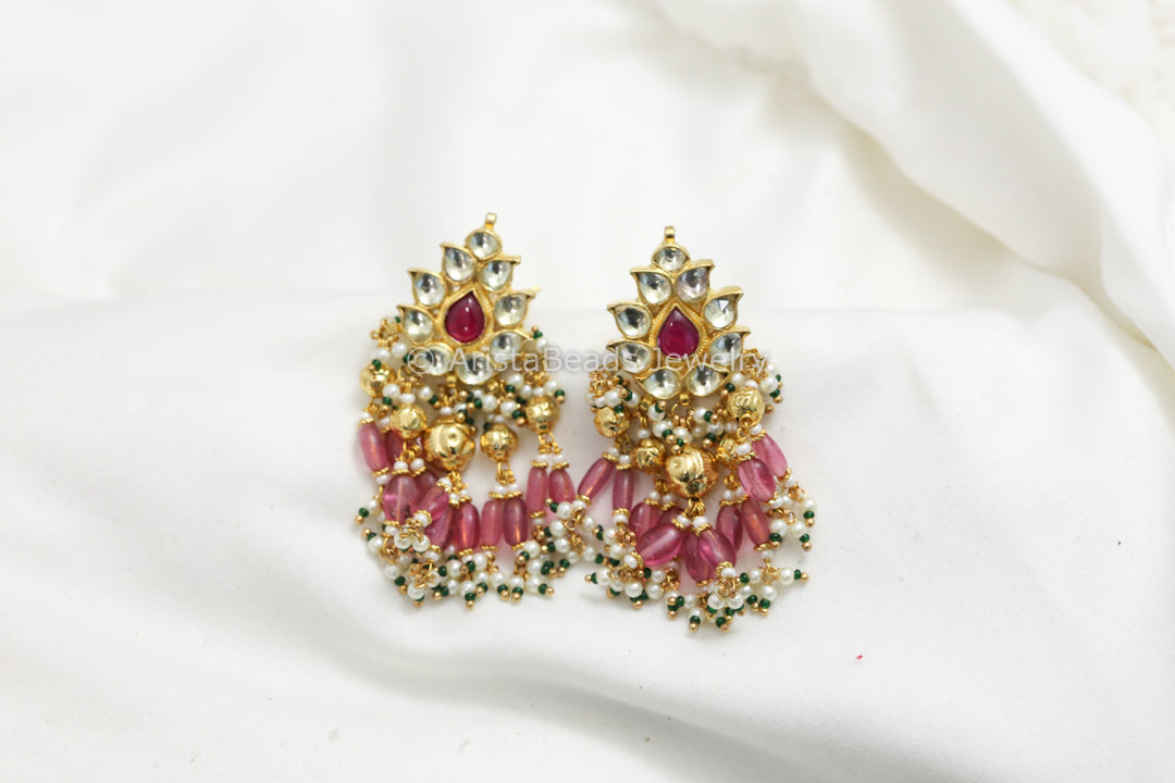 Dainty Pachi Kundan Earrings -Rhodolite Drops